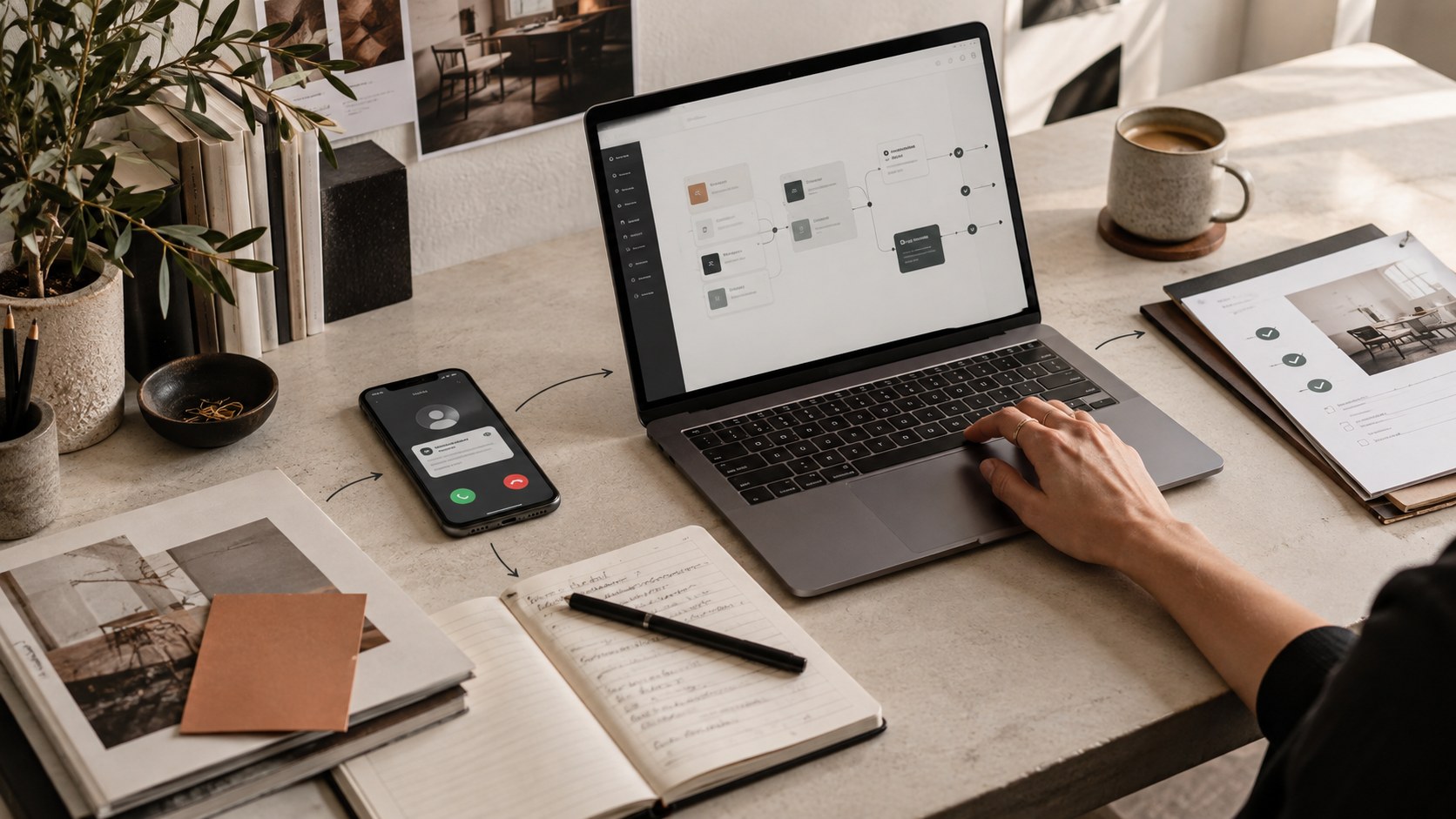 Desk with a laptop showing an enquiry workflow, a phone with an incoming enquiry, notes and a printed checklist reviewed by hand