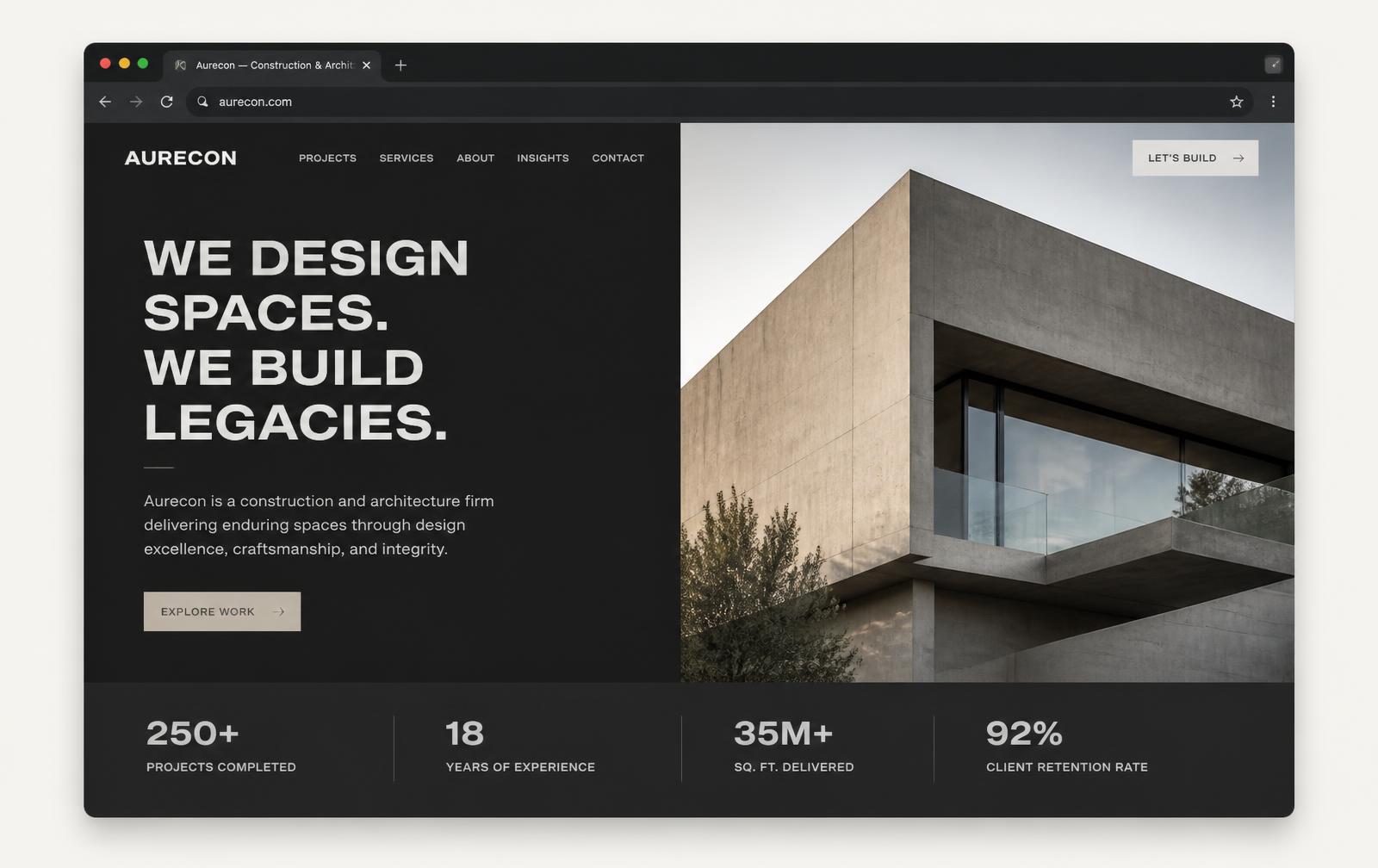 Construction and architecture website concept with a split hero and project stats