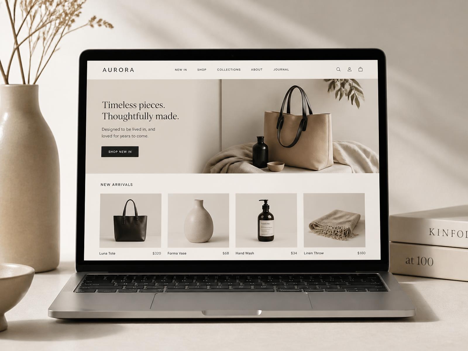Laptop showing a minimal e-commerce homepage with a product grid