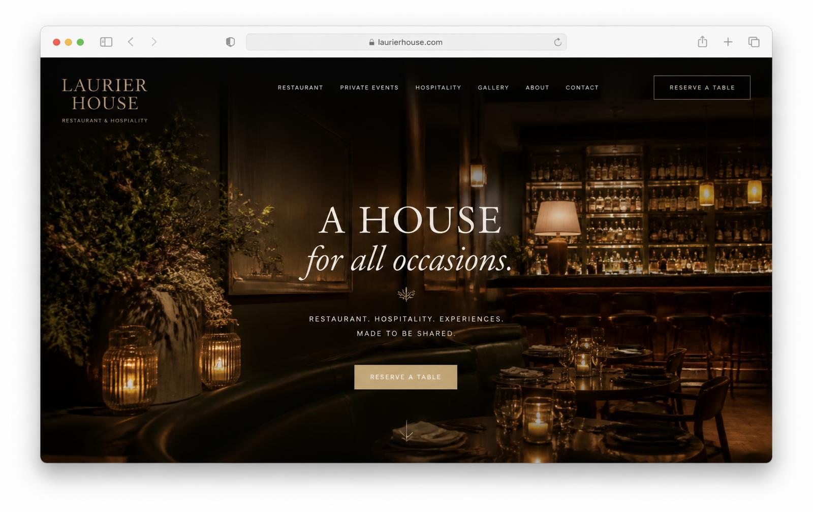 Restaurant website concept with a warm, low-lit interior hero and reservation call to action