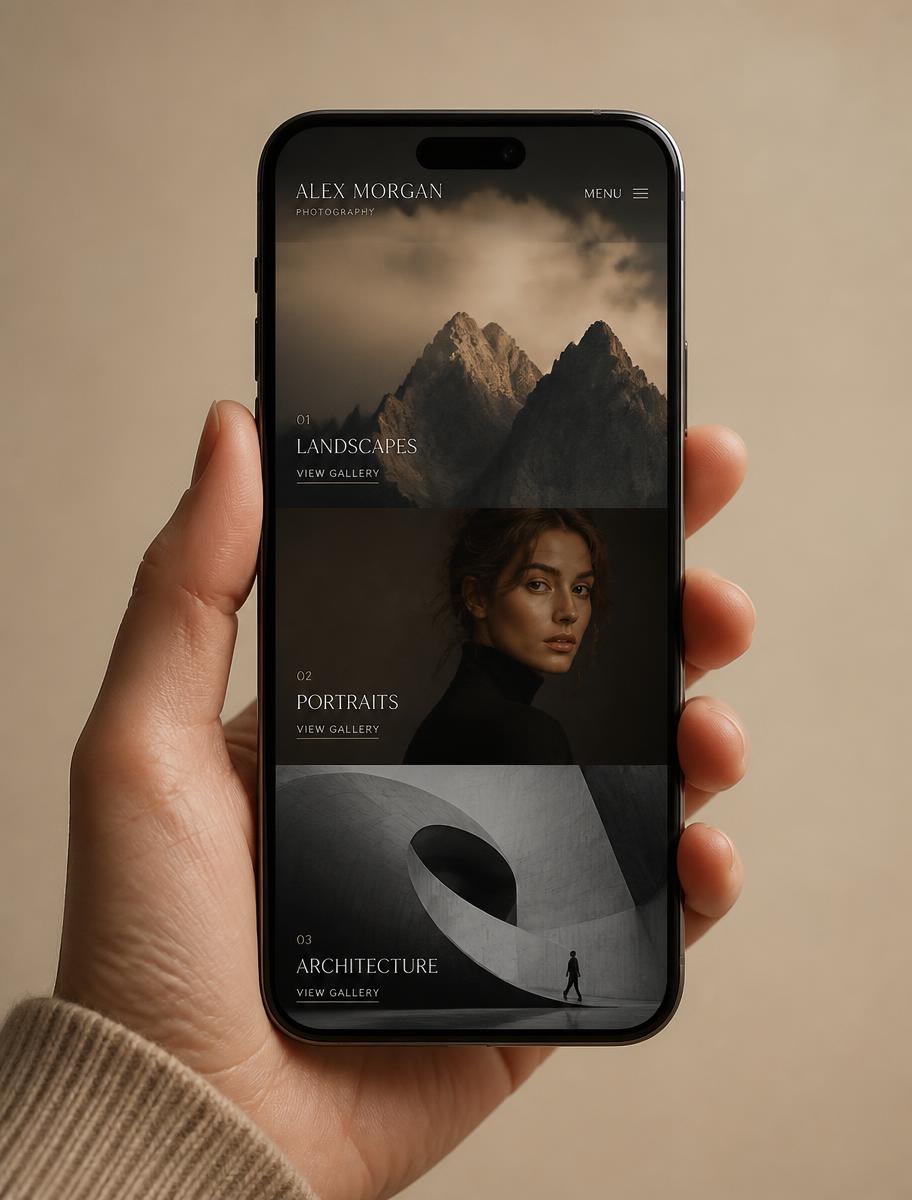 Phone showing a photographer portfolio website with a full-screen gallery
