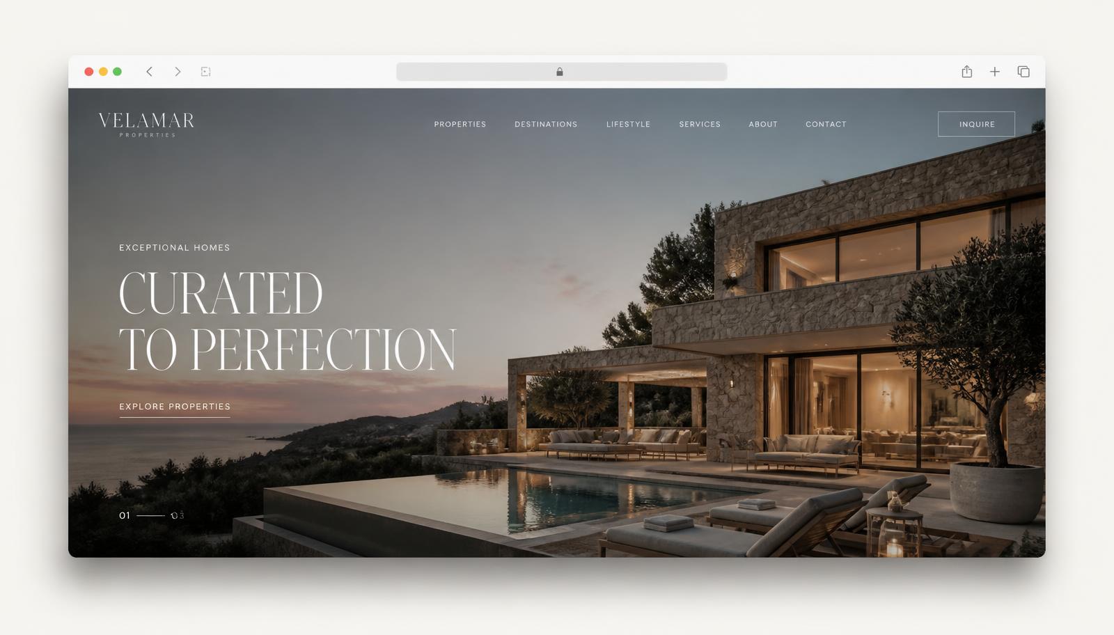 Luxury estate agency homepage concept with a full-bleed cinematic hero