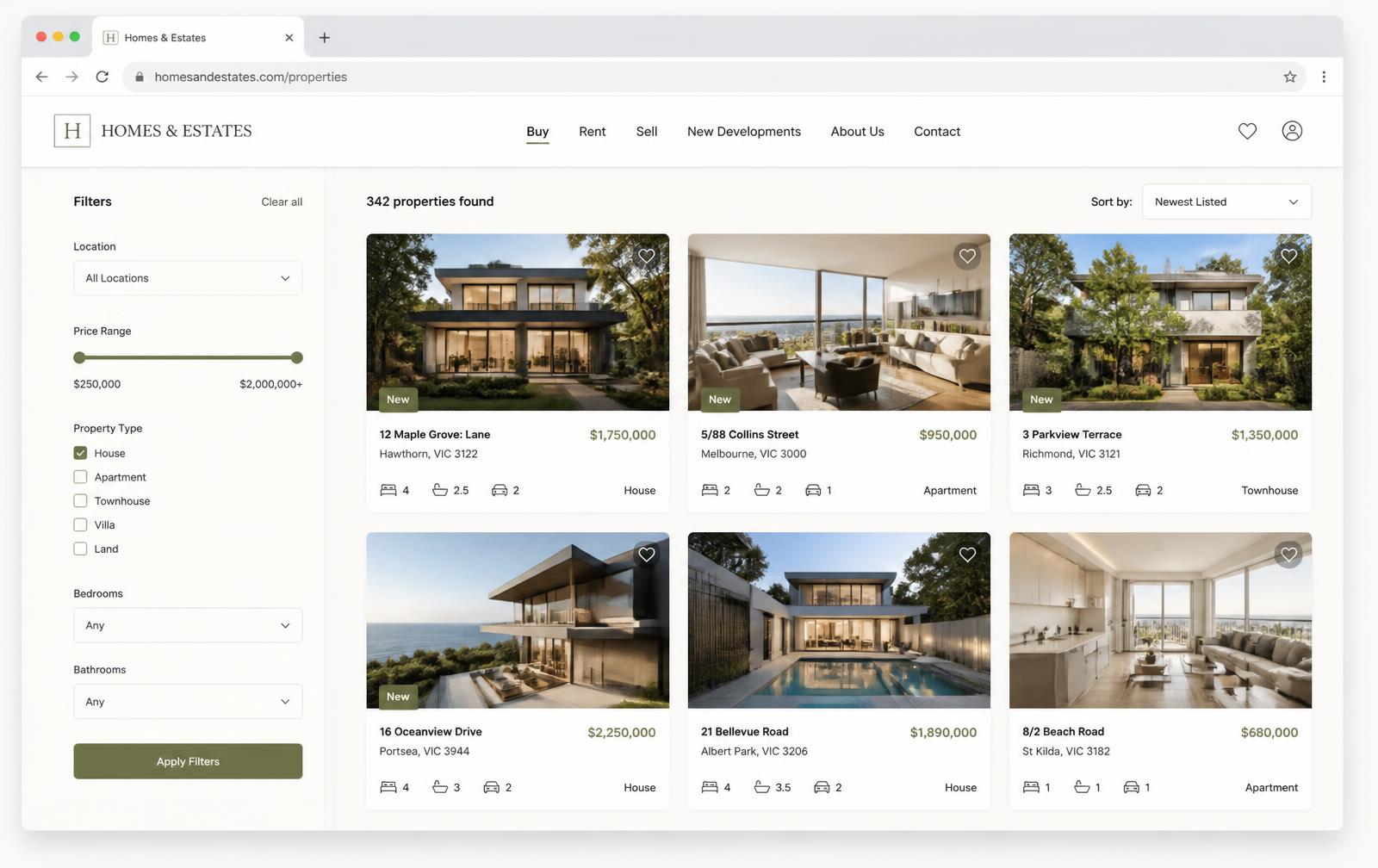 Property listings page concept with filters and priced property cards
