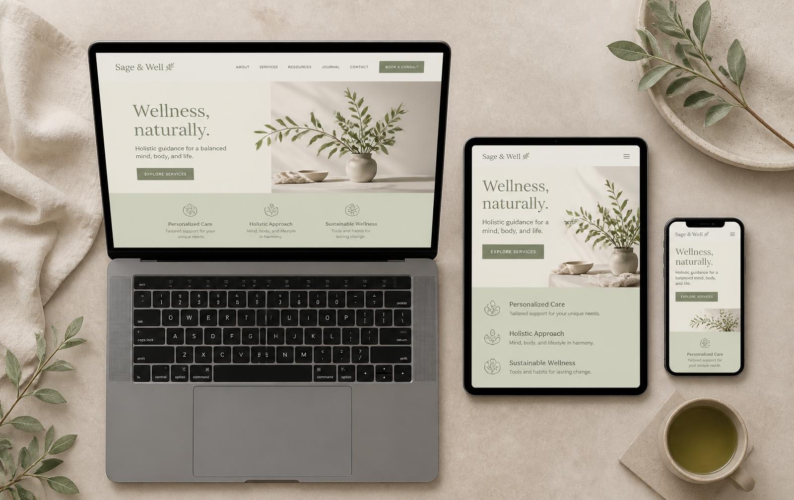 Laptop, tablet and phone showing the same wellness website layout