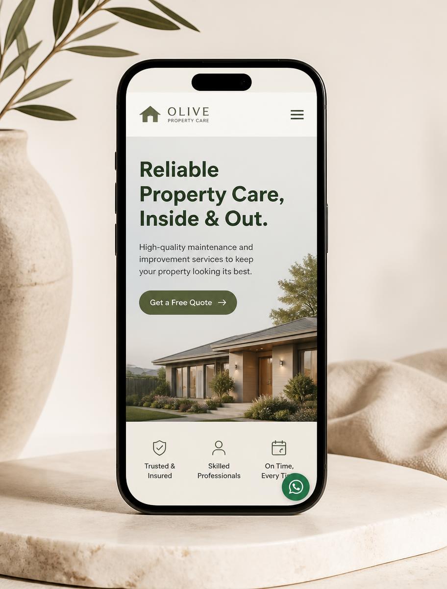 Mobile website concept for a property care business with a WhatsApp button