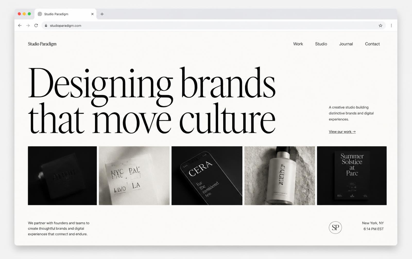 Editorial studio homepage concept with an oversized serif headline and image row
